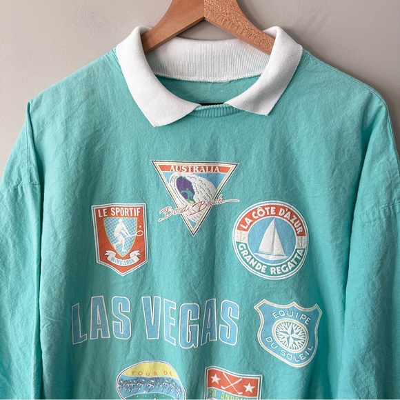 Vintage 90s Teal Graphic Pullover Las Vegas Travel Patch Collared Large - Picture 2 of 14